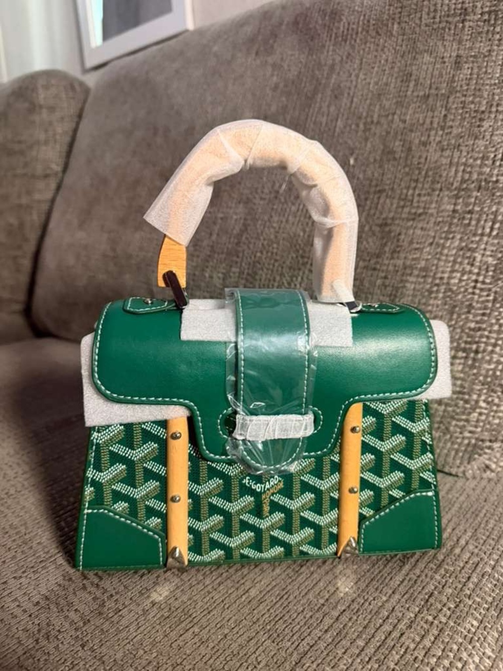 Goyard Mini Top-Handle Bag in Green with Tan Accents